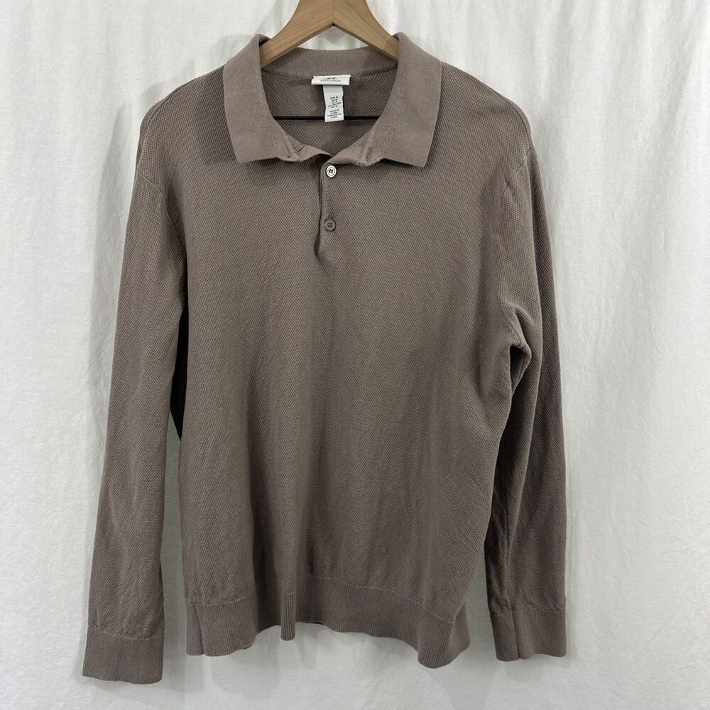 H&M Regular Fit Coupe Standard Brown Long Sleeve Polo Shirt Mens M Preppy